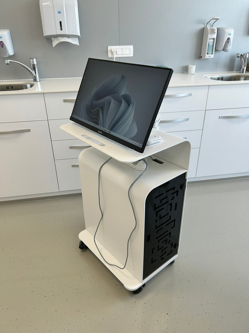3DDS dental computer cart with large touchscreen monitor and integrated desktop PC