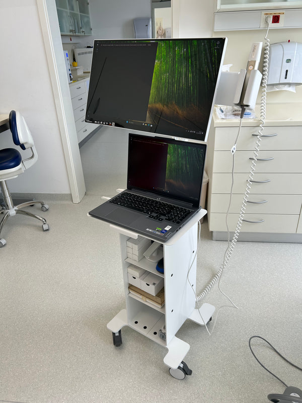 3DDS intraoral scanner cart with laptop, monitor and scanner holder in a dental clinic