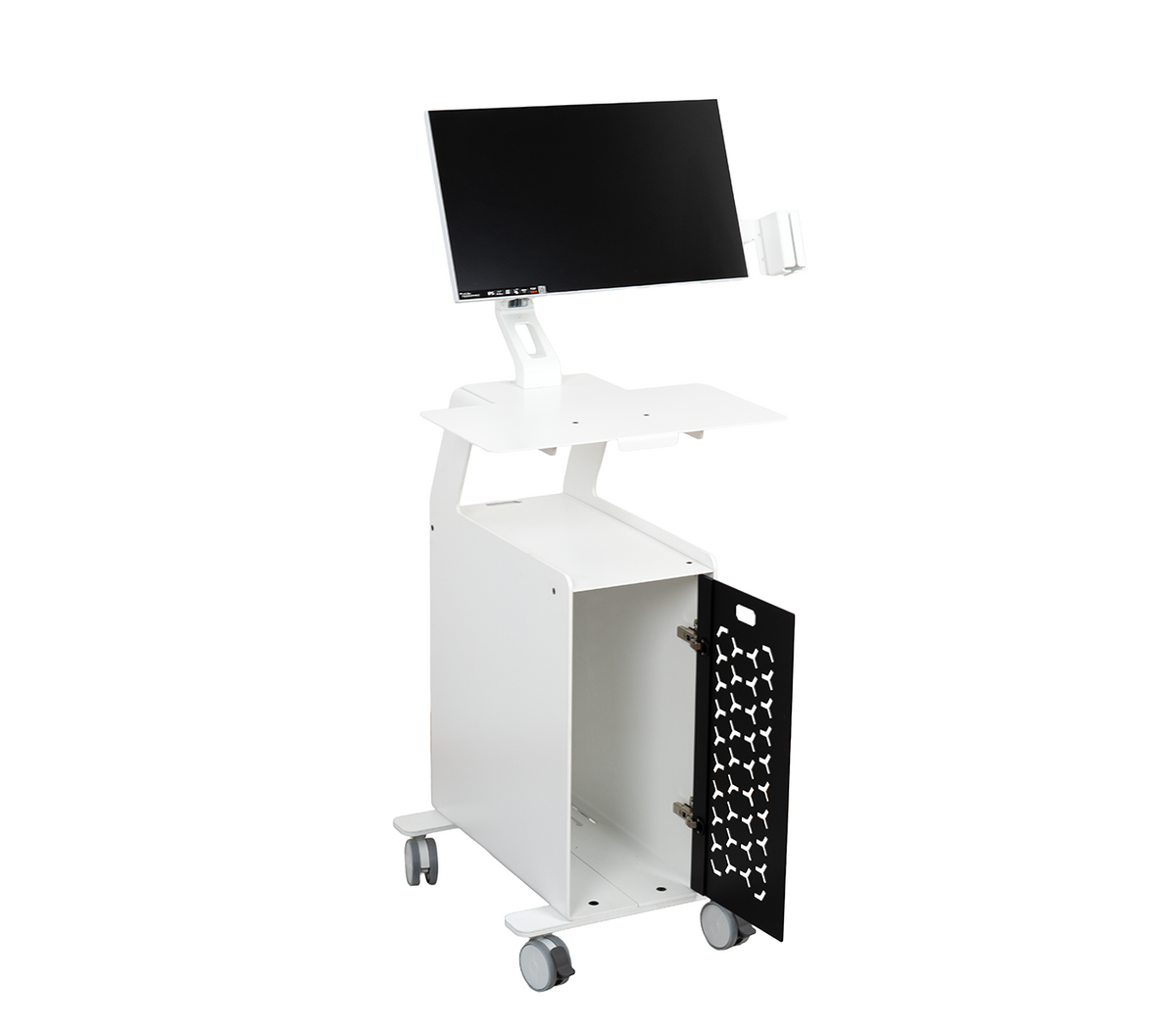 Front view of 3DDS Lite Cart PC mobile dental scanner workstation with monitor mount and desktop PC cabinet