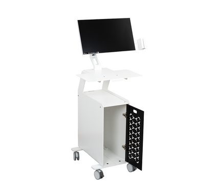 Front view of 3DDS Lite Cart PC mobile dental scanner workstation with monitor mount and desktop PC cabinet